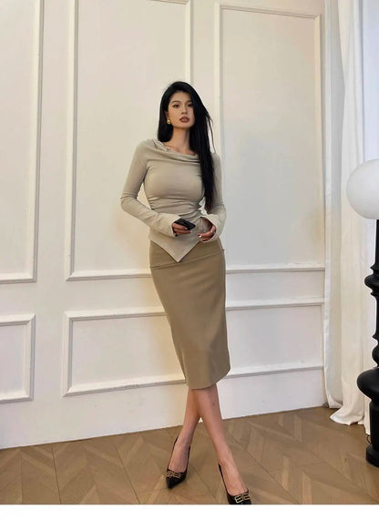 New Spicy Girl One Shoulder Trumpet Long Sleeve T-shirt Female Autumn Slim Sweet Fashion Korean Women Tees Sweet 2025 New 91NV