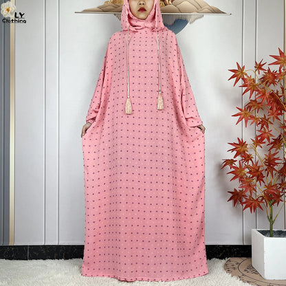 2024New Pure Cotton Ramadan Muslim Two-Hat Abaya Dubai Turkey Islam Prayer Clothes Loose Robe Islamic Women Traditional Clothing