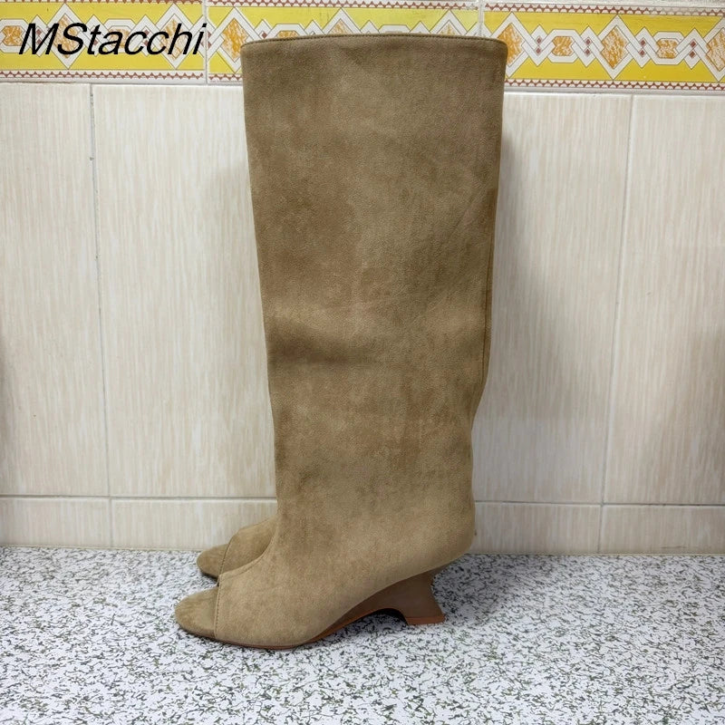 2025 New Peep Toe Long Boots Summer Thick High Heels Women's Knee Boots Large Size Shoes Ladies Slip-on Strange Heels Cool Boots.