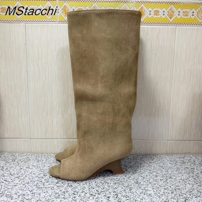 2025 New Peep Toe Long Boots Summer Thick High Heels Women's Knee Boots Large Size Shoes Ladies Slip-on Strange Heels Cool Boots.
