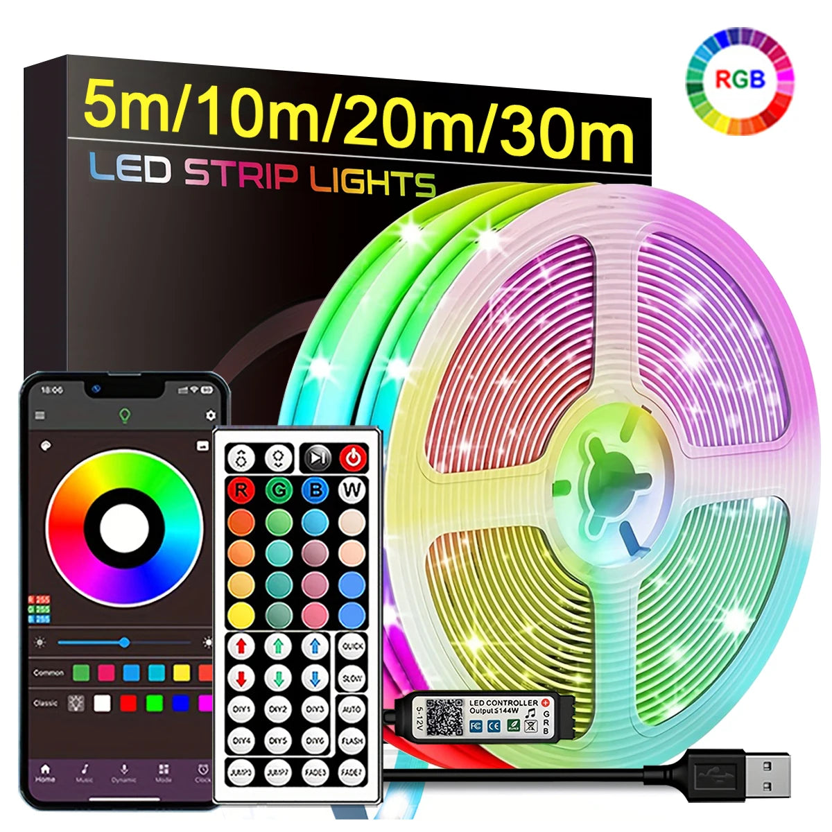RGB-LED-Streifenlichter, 5 m, 10 m, 20 m, 30 m, LED-Raumlicht mit APP-Steuerung, flexibles Band, Luces-LED-Band für Zimmer, Schlafzimmer, Dekoration.