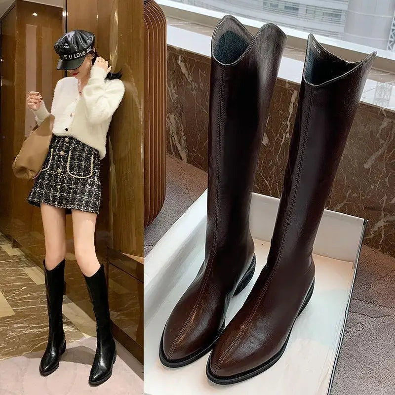 Winter New Pointy Mid-heel Knee-high Boots Back Zipper Solid Color Heightening Car Stitch and Velvet Fashion Elegant High Boots.