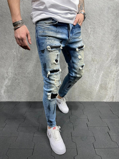 Slim-Fit-Jeans mit zerrissener Knöchelhose für Herren, bemalte Jeans.