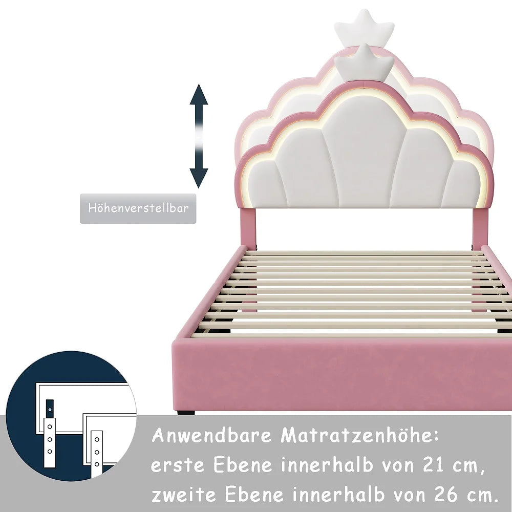 Lazyspace Samt-Polsterbett, LED-Kopfteil in Wolkenform mit dekorativer Krone, rosa Bettrahmen für Mädchen
