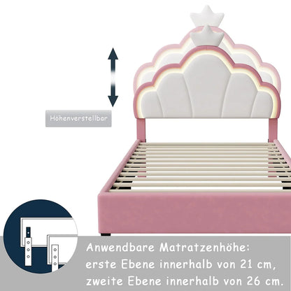 Lazyspace Samt-Polsterbett, LED-Kopfteil in Wolkenform mit dekorativer Krone, rosa Bettrahmen für Mädchen