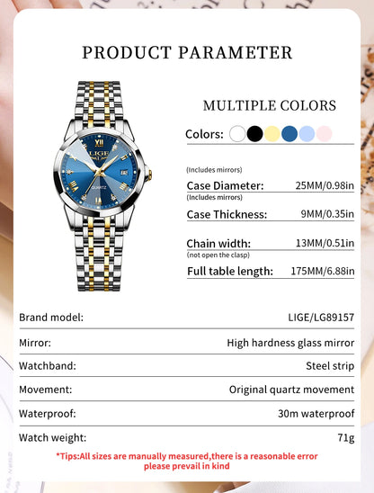 LIGE Elegant Ultrathin Nordic Simple Style Quartz Movement Women's Wristwatch Fashion Stainless Steel Bracelet Belt Woman Watch.