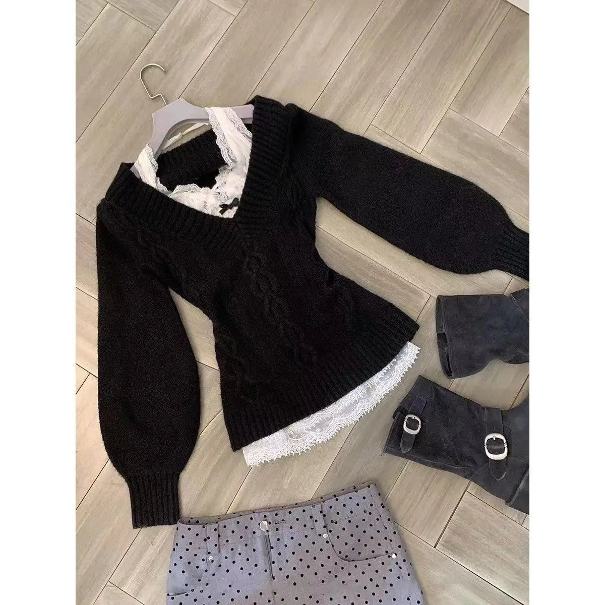 Chic Gothic Slim Sexy Strickpullover Soft Kint Pullover Langarm Skinny Tops Y2k Design Streetwear V-Ausschnitt Fairy Grunge.