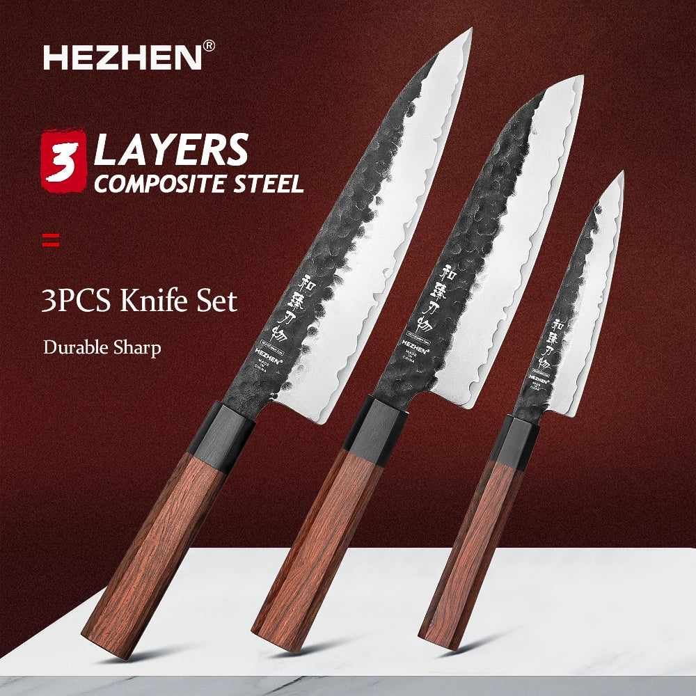 HEZHEN 1PC-5PC Kitchen Knife Set Chef Utility Stainless Steel 3 Layers Composite Steel Santoku Nakiri Kitchen Accessories
