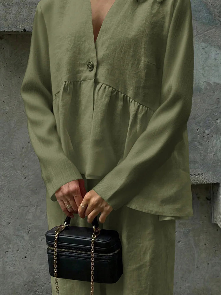 Summer Vacation Solid Color Simple Outfits Elegant V-neck Long Sleeve Tops&Wide Leg Pants Sets Fashion Loose Women's Commute Set.