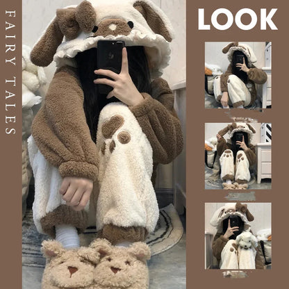 Cute Little Bear Pajamas for Women Thick Warm Fleece Home Wear Set Autumn Nightgown Girls 2025 New Winter Nightclothes 2Pcs.