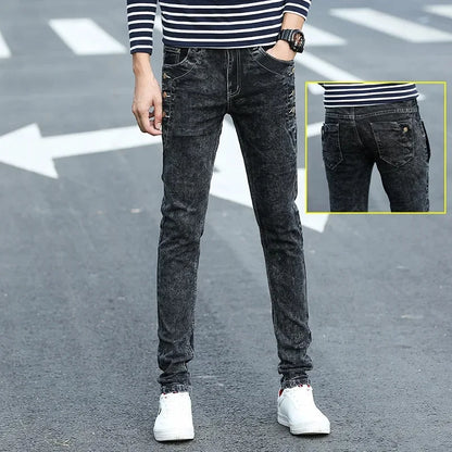 Slim Fit Men's Jeans Casual Elastic Korean Style Autumn Grey Trendy Long Pants Versatile Slim Legged Casual Trousers