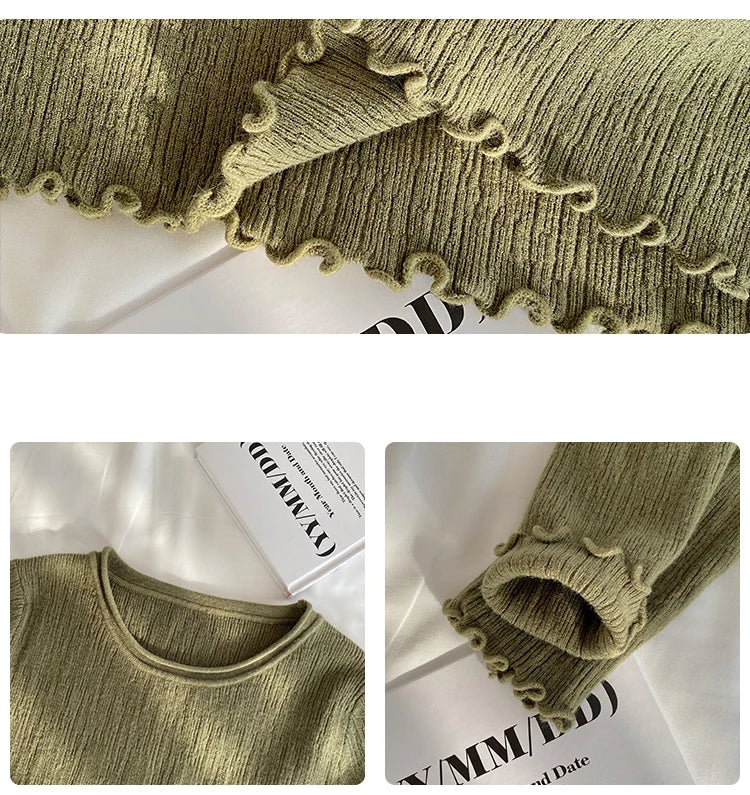 2025Oansatz Rippen Langarm Koreanische Dünne Weibliche Pullover Frauen Pullover Stricken Weiche Jumper Tops Geraffte Herbst Winter Tops.