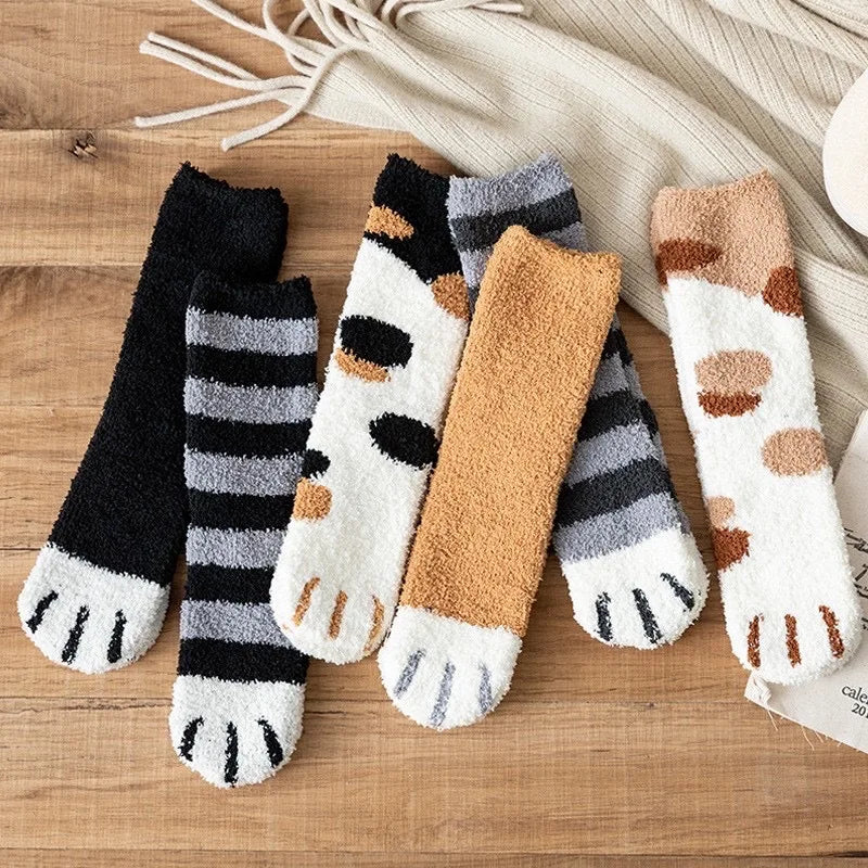 Women Socks Winter Warm Fluffy Socks Cute Animal Claw Cat Paw Footprint Fuzzy Socks Thicken Coral Fleece Home Floor Sleep Socks.