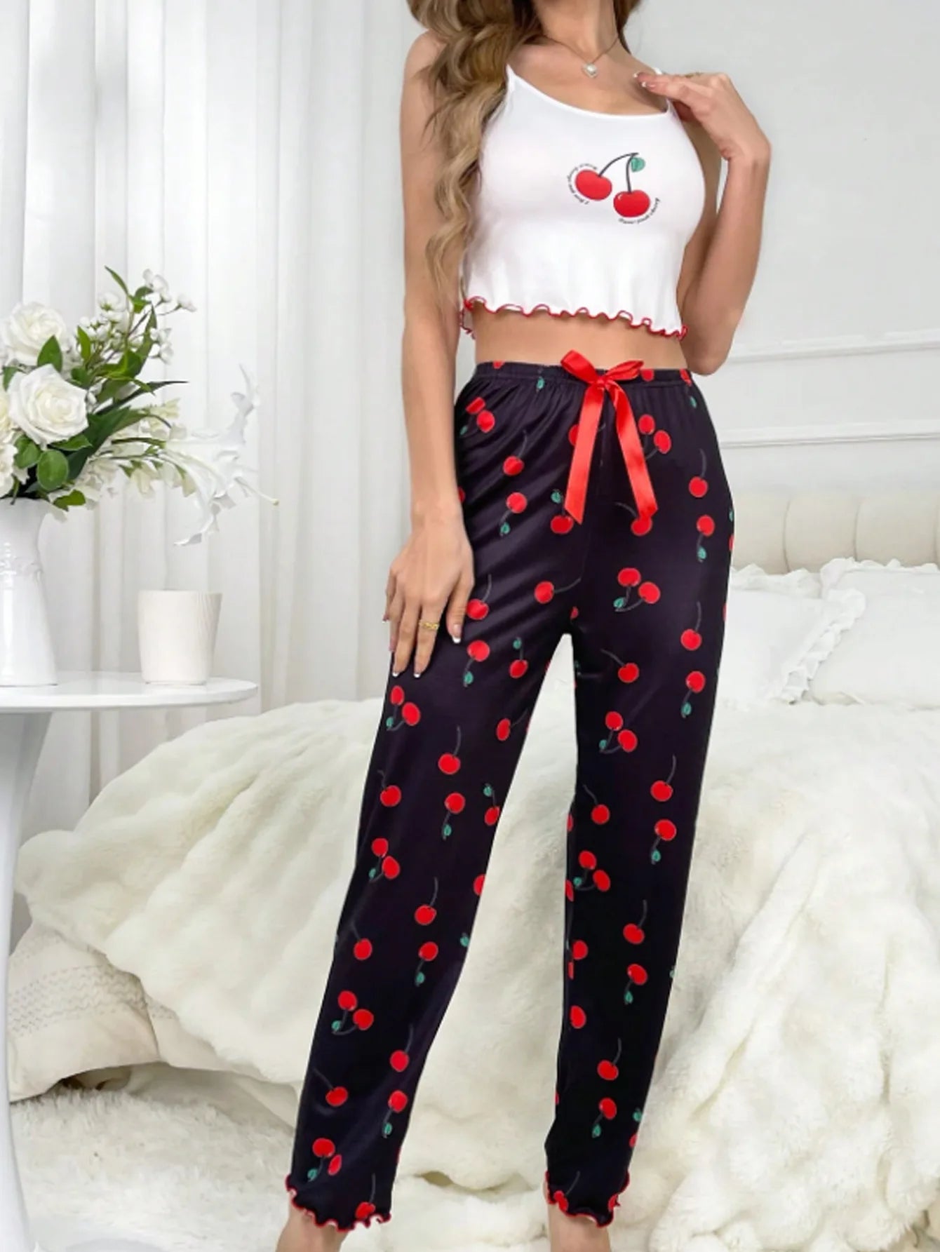 Y2K Coquette Cherry Print Pyjama Set Damen Cami Crop Top Hosen Zweiteilige Nachtwäsche Loungewear Sommer Frühling Herbst Outfits