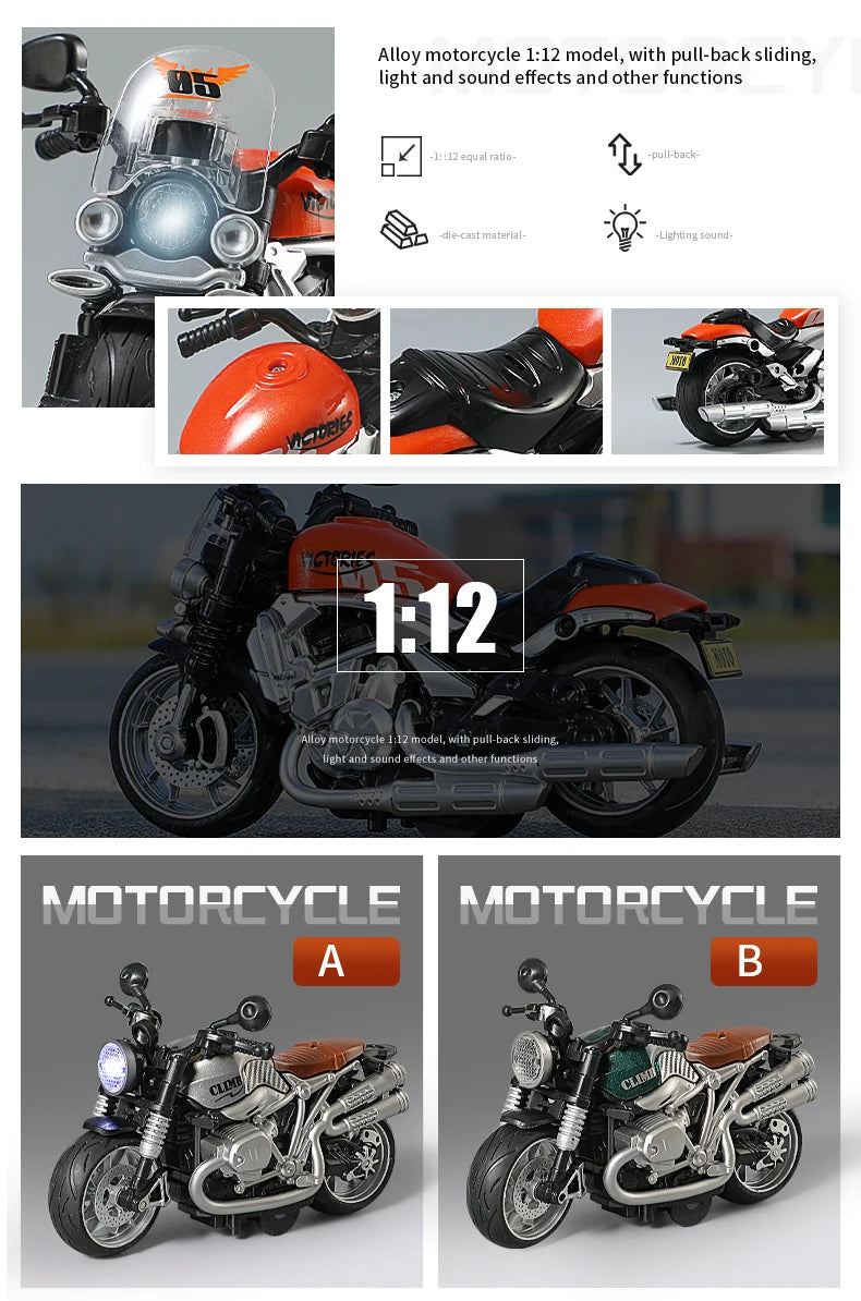 1:12 Sound Light Motorcycle Alloy+Plastic Moto Car Model Diecast Play Vehicles Decoration Collection Boy Toys For Children Gift.
