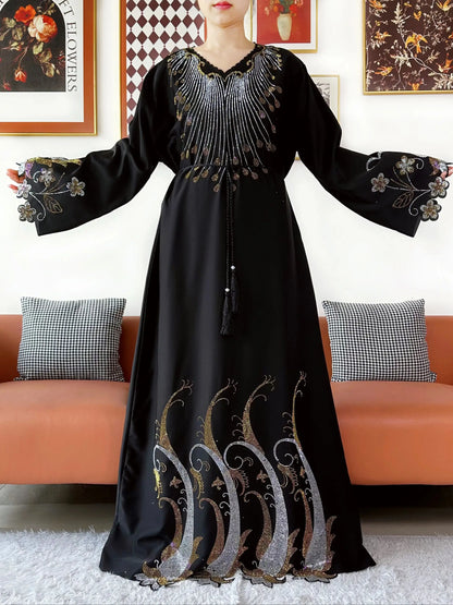 2025Fashion Dubai Diamond Muslim Women Modest Dress Elegant Arabic Femme Hijab Long Sleeve Chiffon Abaya Islamic Turkey Clothing.