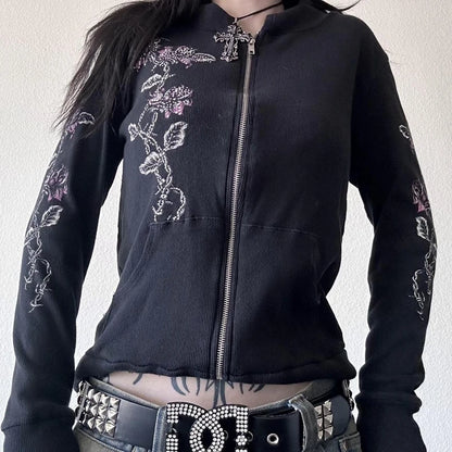 00s Aesthetic Vintage Jacket Y2k Grunge Zip Up Sweatshirt Flower Wings Print Slim Fit Hoodies E-girl Gothic Cool Street Outwear.