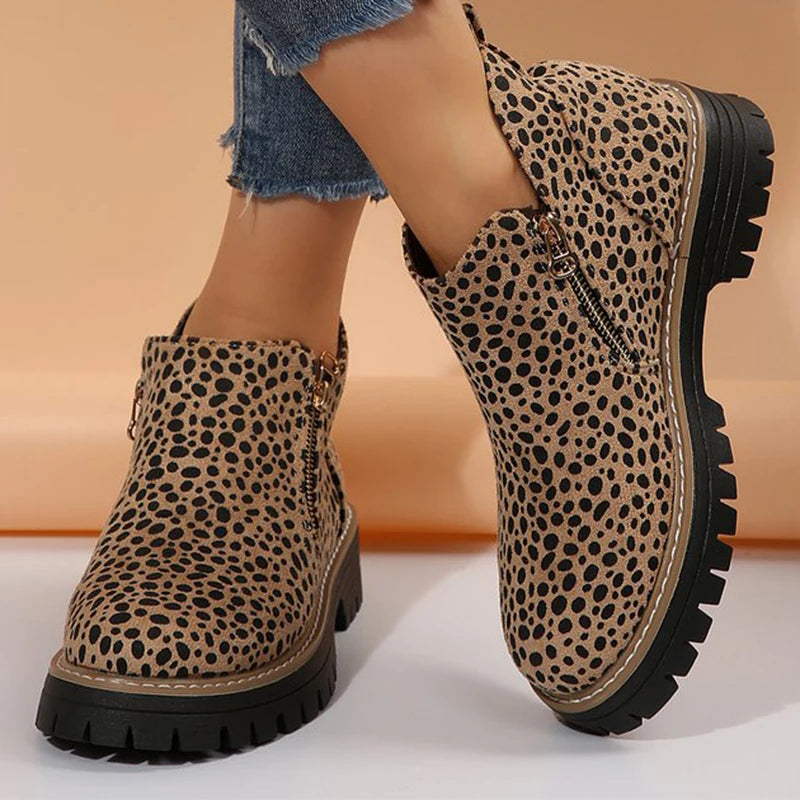 Fashion Leopard Ankle Boots for Women Plus Size 36-43 Zipper Up Booties Woman Spring Autumn Non Slip Platform Boots Mujer.