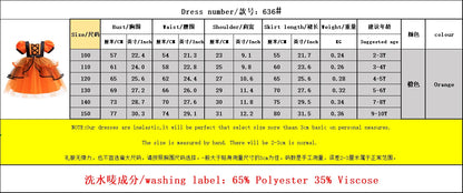 Orangefarbenes Halloween-Kinderkleid für 2–10 Jahre, Polyestermaterial, Puffärmel und mehrlagiger Tüllrock, süße Prinzessinnenkleidung.