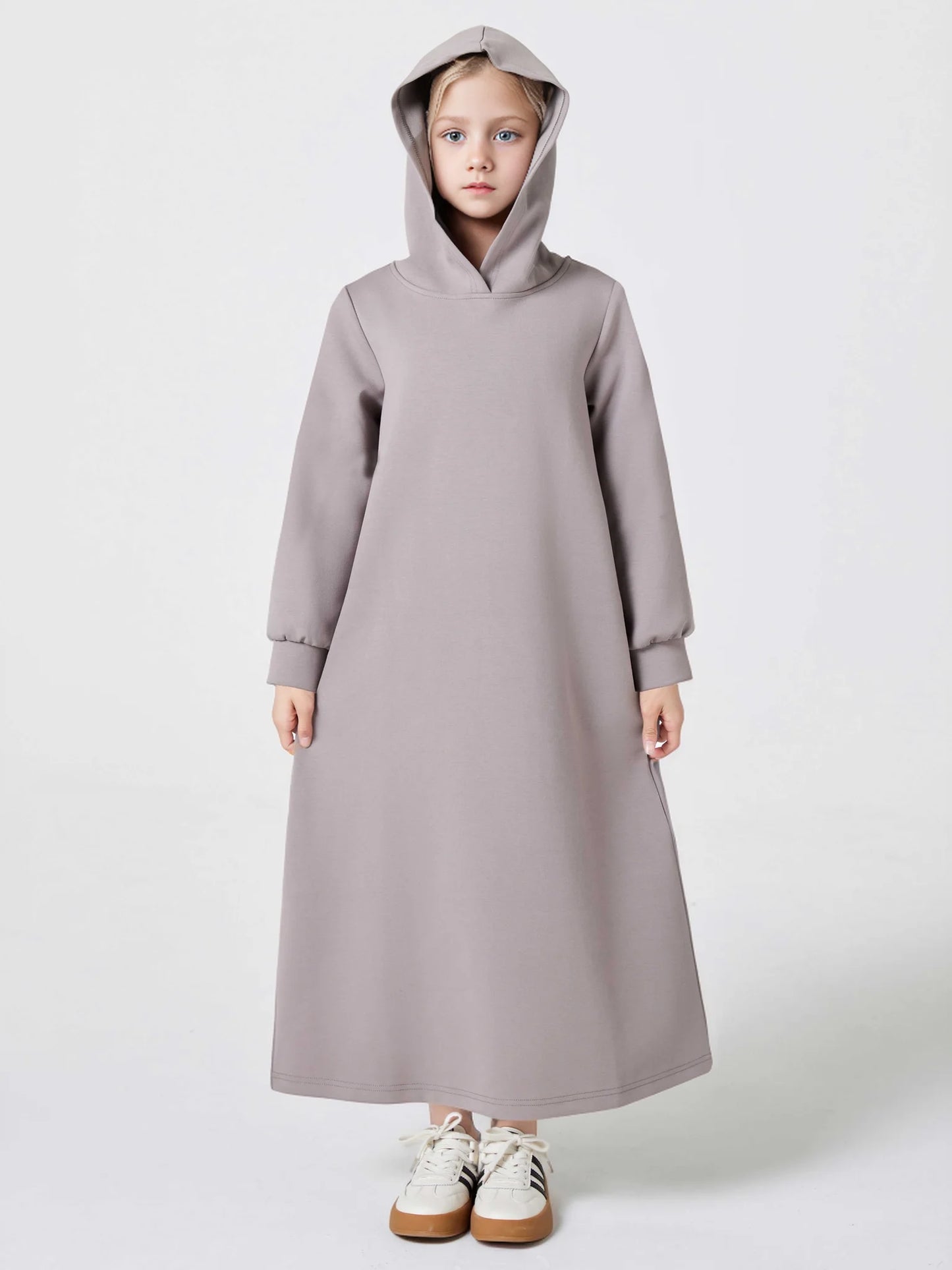 Ramadan kebaya Muslim Girls Abaya Middle East Autumn and winter solid color warm hoodie V-neck Hooded Loose Kids Kebaya Dress.