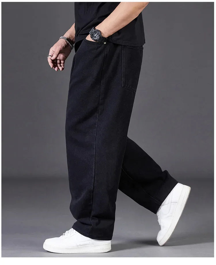Plus Size Jeans Men's Autumn Loose-Fit Straight-Leg Casual Denim Pants Elastic Waist Wide-Leg Design For Plus Size Men
