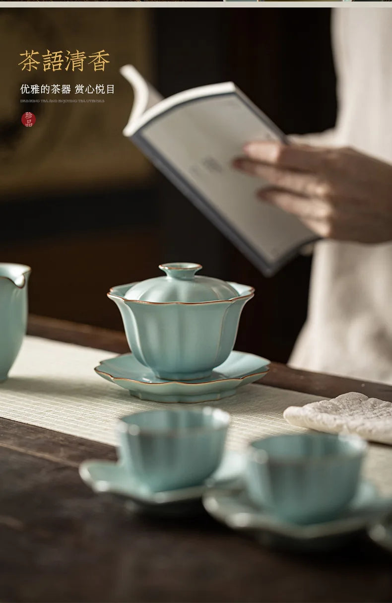 155ml Imitation Song Dynasty Azure Ru Kiln Gaiwan Porcelain Bowl Tea Bowl Tea Tureen Tea Brewing Cover Bowl Chinese Tea Set Gift