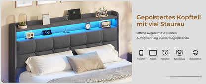 140 x 200 cm großes Polsterbett mit Doppelbettrahmen und LED-Beleuchtung und Ladestation. Kopfteil inklusive schwebendem Bettdesign
