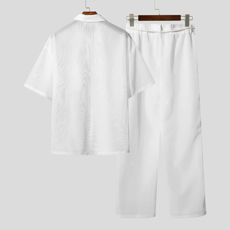 INCERUN Men Sets Mesh Patchwork See Through Sexy Short Sleeve Shirts & Pants Two Pieces Sets Streetwear 2025 Men's Casual Suits