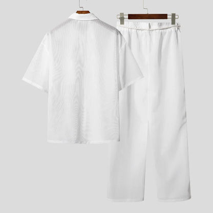 INCERUN Men Sets Mesh Patchwork See Through Sexy Short Sleeve Shirts & Pants Two Pieces Sets Streetwear 2025 Men's Casual Suits