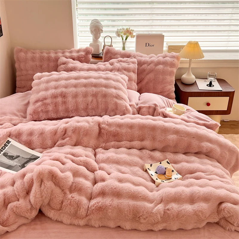 Luxury Faux Rabbit Fur Velvet Fleece Plush Soft Warm Bedding Set Super Comfortable Duvet Cover Set Blanket Bed Sheet Pillowcases.