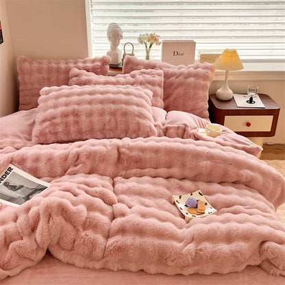Luxury Faux Rabbit Fur Velvet Fleece Plush Soft Warm Bedding Set Super Comfortable Duvet Cover Set Blanket Bed Sheet Pillowcases.