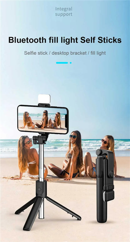 Portable Bluetooth Selfie Stick Tripod Holder with Remote Shutter Fill Light Extendable Wireless Remote Retractable Phone Stand.