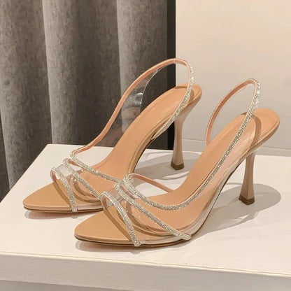 Women Summer Rhinestone Slingback Pumps Office Lady Transparent Heeled Sandals Elegant Pointed Toe Female Sexy High Heels.