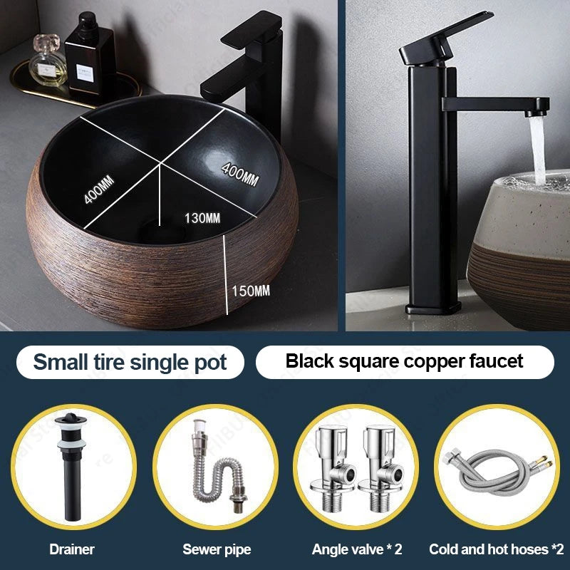 Braunes Porzellan-Keramik-Waschbecken über der Theke, Waschtisch, Schüsselbecken, Badezimmer, Sanitär, Balkon, Tisch, Waschbecken, Arbeitsplatte, ovales Waschbecken