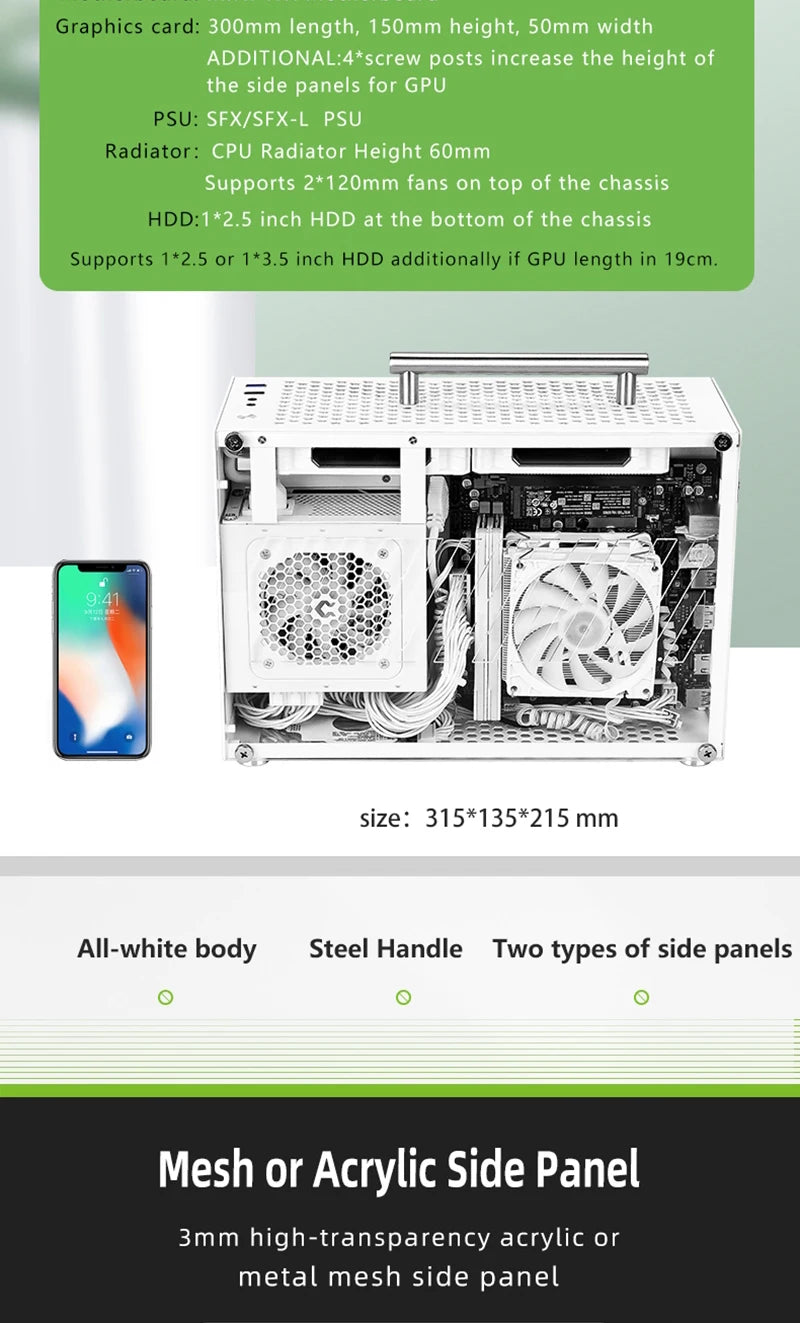 METALFISH T60 Mini ITX White Case 9L With Acrylic Or Mesh Side Panel and Portable Handle Support SFX PSU/300mm GPU/2*120mm Fan.