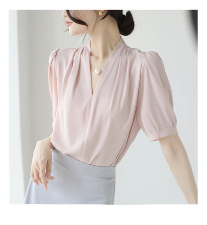 2025 Fashion Summer Short Sleeve V-Neck Women Blouse White Blouse Shirt Women Tops Blouses Shirts Blusas De Mujer Camisas P856