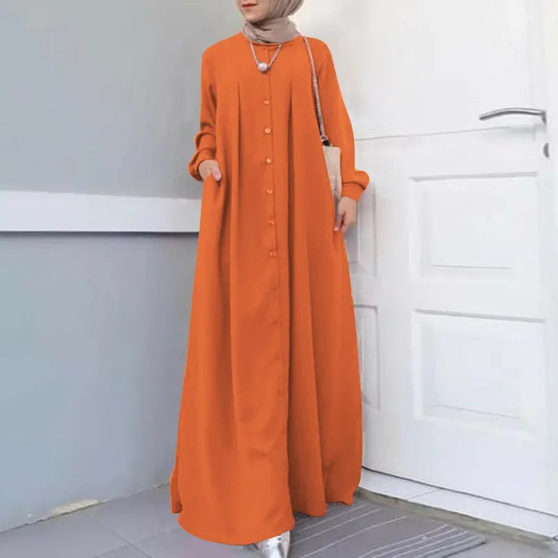 2025Spring Autumn Maxi Long Dress Women Muslim Long Sleeve Dress Loose Casual Dresses Vintage Hijab Islamic Clothing Caftan Robe.