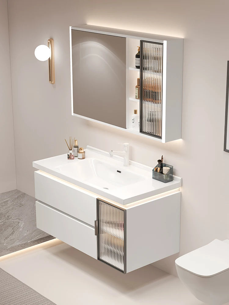 Cremefarbener Wind-Badezimmerschrank, integriertes Waschbecken aus Keramik, WC-Waschbecken-Kombination