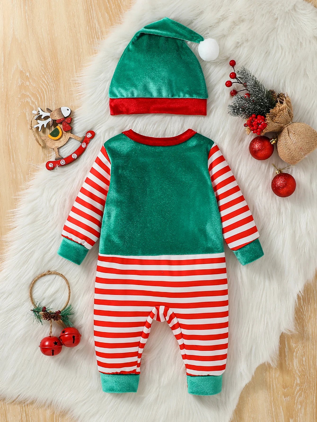 2 Stück Weihnachten Baby Unisex Overall Neugeborene süße gestreifte Kleidung Herbst Winter Jungen Mädchen Rundhals ausschnitt Langarm Bodysuit Hut.