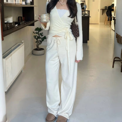 Apprabant Casual Fashion Drawstring High Waist Trousers Set Lace Up Flared Sleeve V Neck Twist Tops Plush Loose Pants Suit