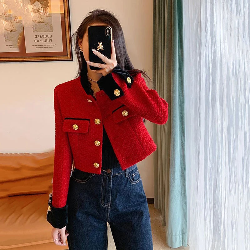 Mode Nähen Tweed Kurze Jacke Frauen Herbst Winter Elegante Büro Dame Mantel Y2K Koreanische O Neck Einreiher Crop Outwear