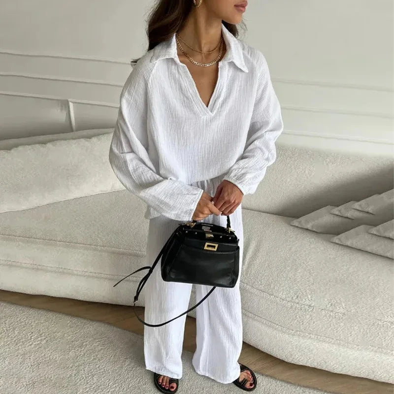 Women's Suit Solid Color Casual Loose 2025 Elegant Spring And Summer Fashion New Long-sleeved Lapel Top + Drawstring Pants Suit.