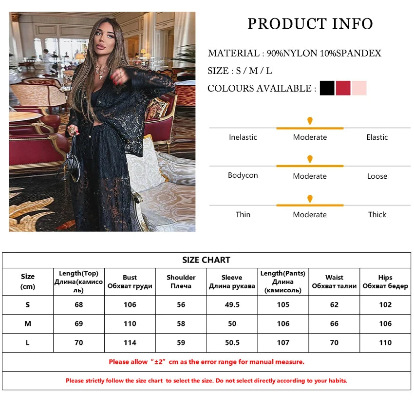 Clacive Sexy Loose Black Lace See Through Trousers Sets Women 2 Pieces Fashion Long Sleeve Shirt With High Waist Wide Pants Set.