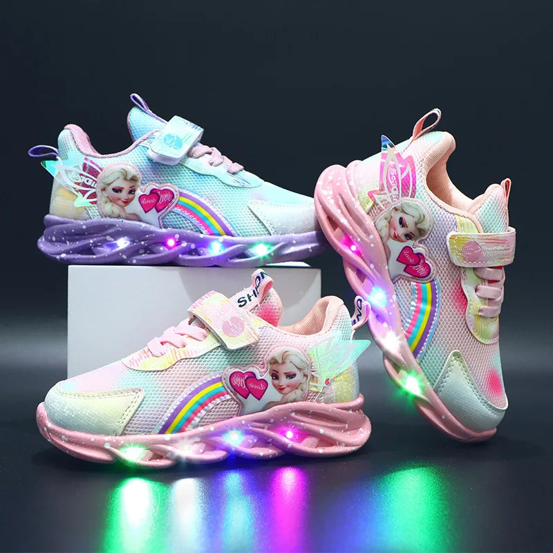 Disney Casual Sneakers LED Lighted For Spring Girls Frozen Elsa Princess Rainbow Outdoor Children Non-slip Pink Purple Shoes.