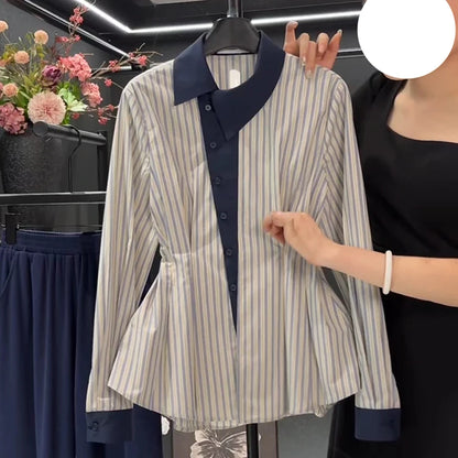 Temperament waist cinching slimming blue striped shirt spring 2025 new fat MM fashion contrasting long sleeved shirt.