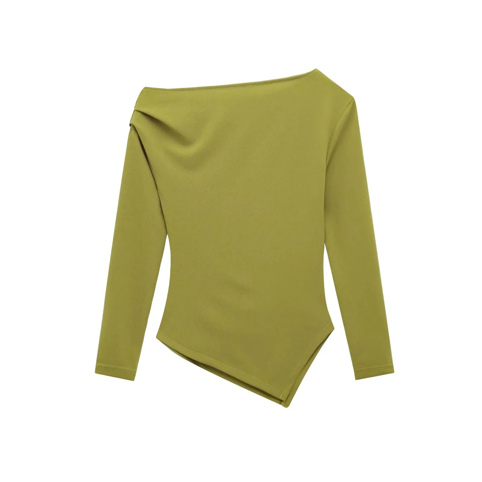 HH Spring Woman Fashion Pleated Decoration Casual Slim Elasticity Top Women Solid 5-Color Asymmetrical Slant Collar Tops.