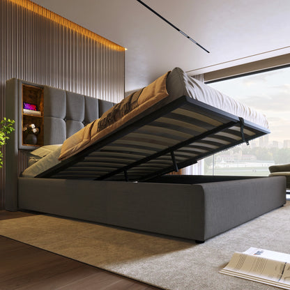 KOMHTOM Doppelbett Polsterbett Grau Baumwolle - Kabelloses Laden USB C, Bettgestell mit Stauraum, Holz-Lattenrost, ohne Matratze