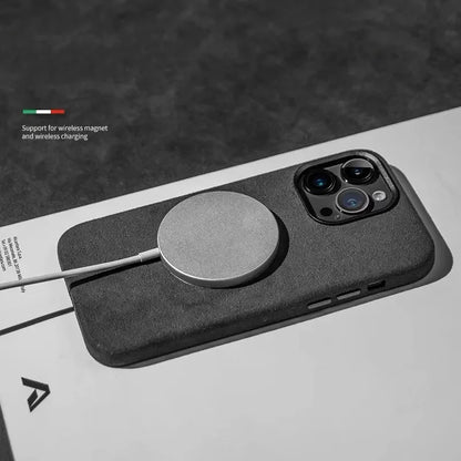 Grey Alcantara Magnetic Attraction Case for iPhone 16 12 13 14 15 Pro Max High-end Imported Suede Metal Lens Protection Cover.