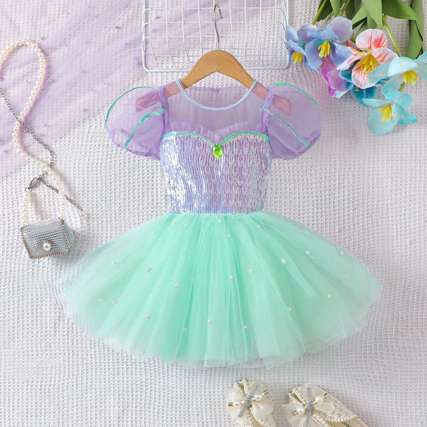Mädchen Prinzessin Kleider Meerjungfrau Motto Party Sling Mesh Rock Pailletten Leistung Kostüm Geburtstag Kinder Kleidung Perle Säuglings Kleid.