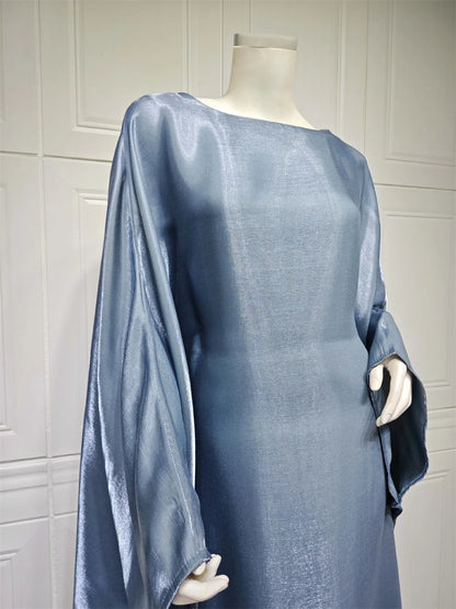 Siskakia Muslim 2024 New Eid Dresses Solid Shiny Satin Batwing Sleeve Modest Kebaya Turkish African Women Abayas Saudi Clothing